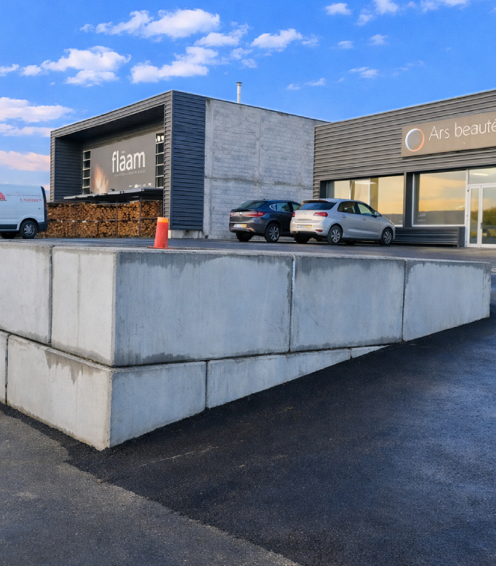 Pose de blocs béton pour aménagement extérieur Aménagement extérieur avec blocs béton pour soutènement et voirie réalisé par Ecoterrassement